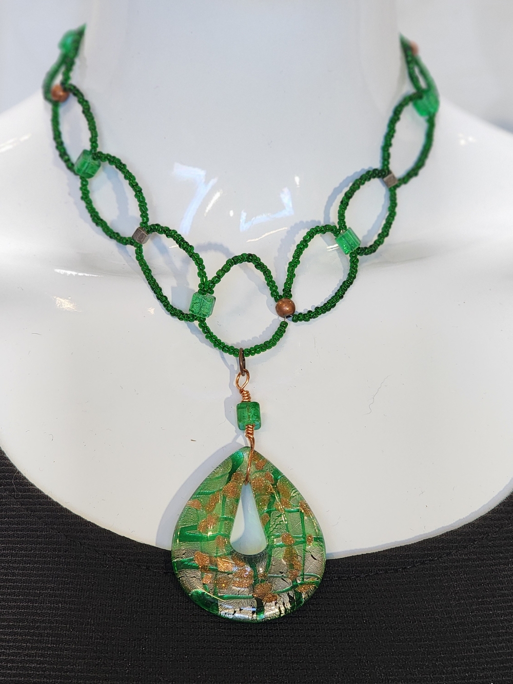Y2K Handcrafted Green Glass Beaded Necklace Foil Teardrop Pendant Seed Beads